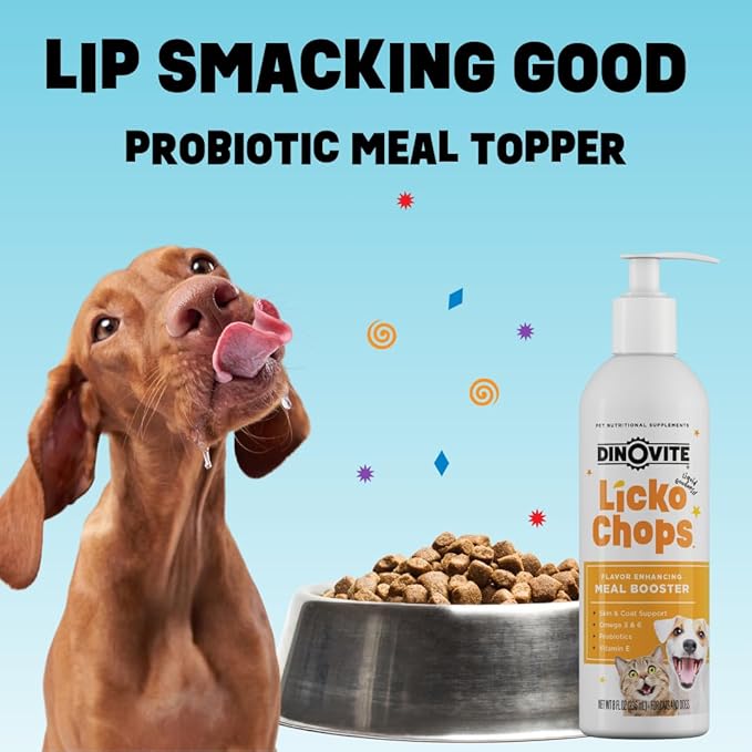 Dinovite Lickochops for Dog & Cat Supplement Enhanced with Omega-6, 3 Fatty Acids, Probiotics and Vitamin E, 16 oz with Pump Dinovite