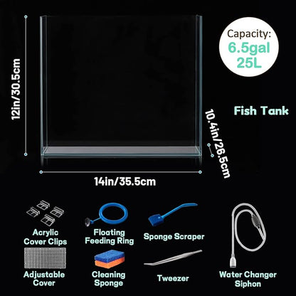 6.5 Gallon Ultra Clear Glass Fish Tank, Rimless Low Iron Aquarium for Betta/Nano/Goldfish/Snail/Shrimp, Fish Tank & Cover Set & Feeding Ring & Cleaning Tools LAQUAL