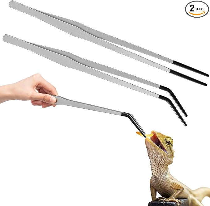 Lasnten 2 Pcs Extra Long Stainless Steel Reptile Feeding Tongs with Rubber Tip Bearded Dragon Aquarium Straight and Curved Long Tweezer Terrarium Feeder Tool for Tank(Silver, 15 Inch) Lasnten