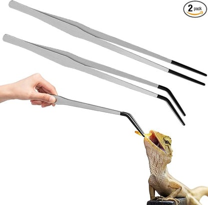 Lasnten 2 Pcs Extra Long Stainless Steel Reptile Feeding Tongs with Rubber Tip Bearded Dragon Aquarium Straight and Curved Long Tweezer Terrarium Feeder Tool for Tank(Silver, 15 Inch) Lasnten