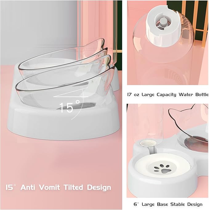 Marchul Raised Three Cat Dishes for Food and Water, Pet Feeding Bowls with Automatic Water Bottle - PAWPICO