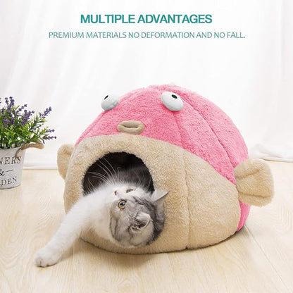 Cat Beds for Indoor Cats - Cat Bed Cave with Removable Washable Cushioned Pillow, Soft Plush Premium Cotton No Deformation Pet Bed, Lively Pufferfish Cat House Design, Pink, Multiple Sizes(S) - PAWPICO