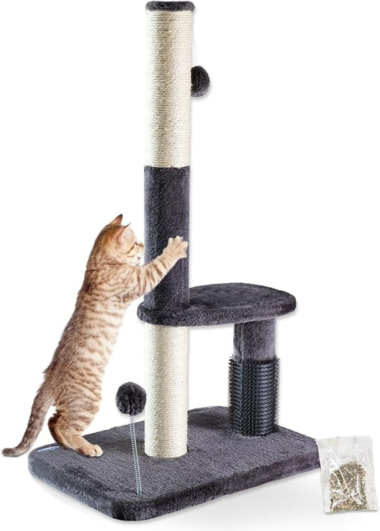Happi N Pets 34“ Tall Cat Scratching Post for Big Cats, Natural Sisal Cat Scratchers for Indoor Cats, Heavy Duty Cat Stands Featuring with Cat Self Groomer and Hanging Toys, Free Catnip-Gray - PAWPICO
