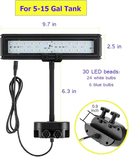 hygger 9.7 Inches Blue White LED Aquarium Light Clip on Small Led Light for Planted Saltwater Freshwater Fish Tank with Gooseneck Clamp 13W hygger