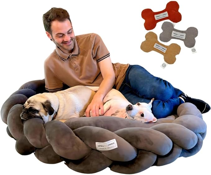 Tater's Choice 40" Dog Bed - Premium Braided Dog Bed with 3 Pack of Plush Bones - Luxurious and Durable Pet Beds with Plush Polyester Filling, Non-Slip Base, Washable Mattress, Charcoal Grey, Large - PAWPICO