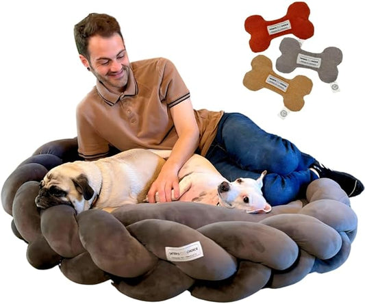 Tater's Choice 40" Dog Bed - Premium Braided Dog Bed with 3 Pack of Plush Bones - Luxurious and Durable Pet Beds with Plush Polyester Filling, Non-Slip Base, Washable Mattress, Charcoal Grey, Large - PAWPICO