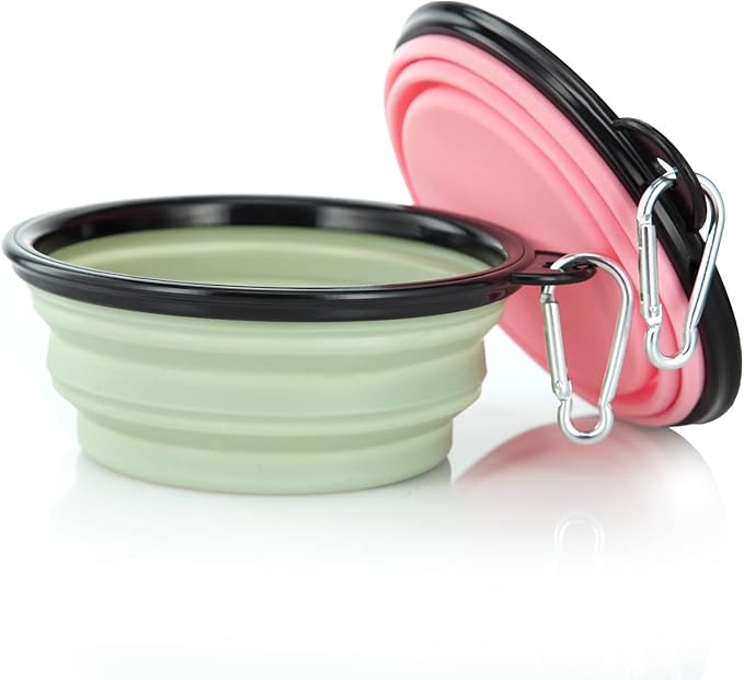 Dog Bowl Pet Collapsible Bowls, 2 Pack Collapsible Dog Water Bowls for Cats Dogs, Portable Pet Feeding Watering Dish for Walking Parking Traveling with 2 Carabiners (Small, Fairy Pink+Sprout Green) - PAWPICO
