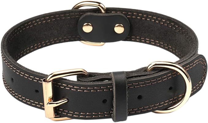 Genuine Leather Dog Collar, Heavy Duty Dog Collar, Wide Dog Collar for Small Dog, Medium Dog, Large Dog and Extra Large Dog (S: 0.8" Wide for 13.4"-15.8" Neck, Dual Stitch - Black) DAIHAQIKO