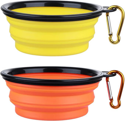 Dog Bowl Pet Collapsible Bowls, 2 Pack Collapsible Dog Water Bowls for Cats Dogs, Portable Pet Feeding Watering Dish for Walking Parking Traveling with 2 Carabiners (Small, Orange+Yellow) - PAWPICO