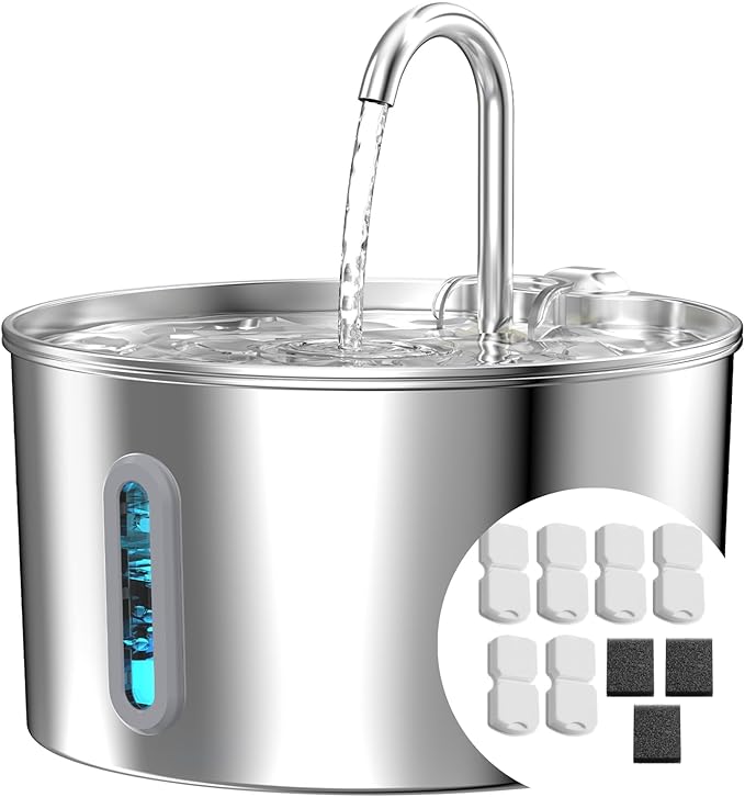 Cat Water Fountain Stainless Steel: 74oz/2.2L Cat Fountain for Drinking - Pet Water Fountain for Cats Inside - Automatic Cat Water Dispenser Bowl - Cat Feeding & Watering Supplies 6 Filters 3 Sponges - PAWPICO