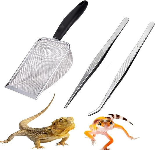 Reptile Sand Substrate Scoop Reptile Sand Fine Mesh Reptile Scooper Stainless Steel Terrarium Substrate Sand Bedding Litter Cleaner Scoop and Reptile Long Feeding Tongs Set (Black-2mm) WoYous