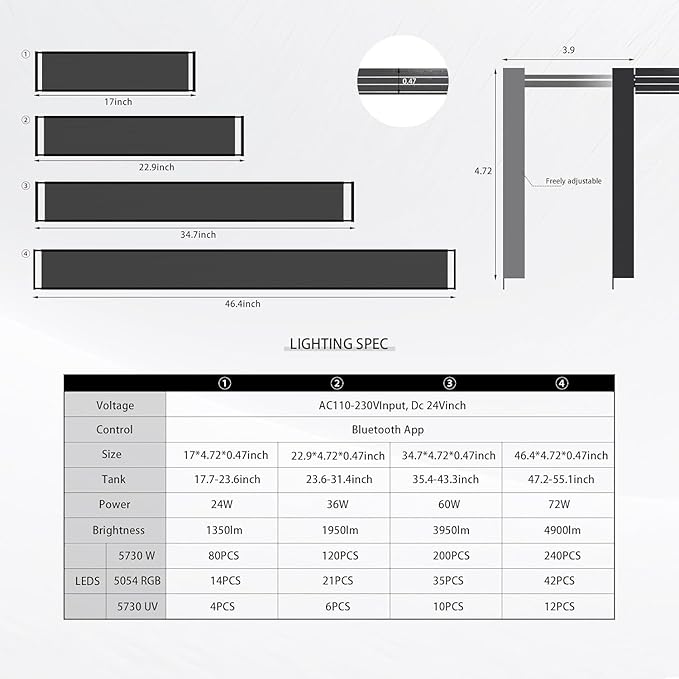 MagTool Brite Series Auto Aquarium LED Light with App-Controlled RGB+W LEDs, ADA Style Extendable Bracket, Supports Custom Sunrise/Sunset Colors in Manual/Auto/Custom Modes (Brite 60) MagTool