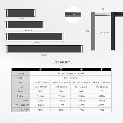 MagTool Brite Series Auto Aquarium LED Light with App-Controlled RGB+W LEDs, ADA Style Extendable Bracket, Supports Custom Sunrise/Sunset Colors in Manual/Auto/Custom Modes (Brite 60) MagTool