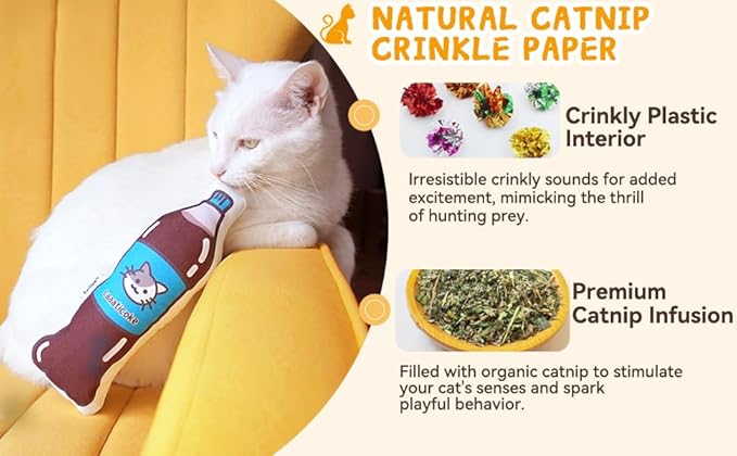 Large Size Premium Catnip Toy - 100% Original - Durable and Easy Clean - Crinkly & Squishy - Cat Gift - Cola Coke Size of Cats - Self Play for High Energy Indoor Cats - PAWPICO