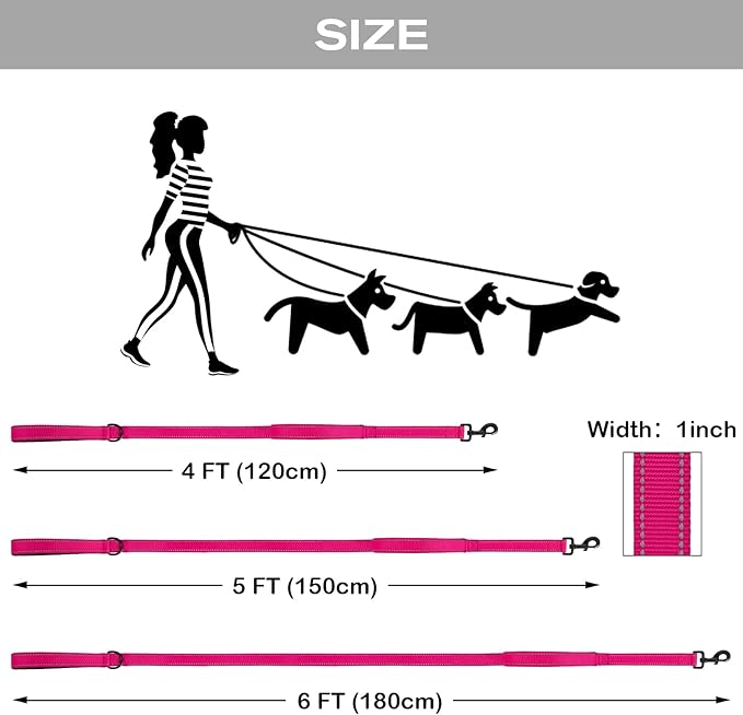 Joytale Dog Leash Heavy Duty for Large Dogs That Pull, Double Handle for Traffic Control, Double-Sided Reflective Leashes for Large Medium Dogs Night Safety, 4FT, Hot Pink Joytale