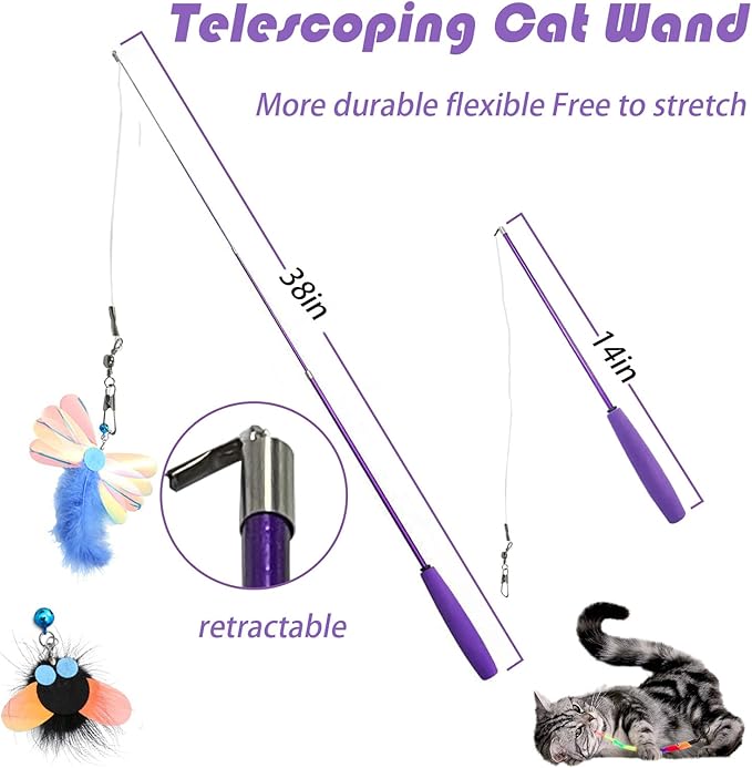 Cat Toy 8 Pcs Feather Teaser Wand Toy Cat Fishing Pole Toy Cat Toys for Indoor Cats Cats Including Cat Balls Spring Hair Balls - PAWPICO