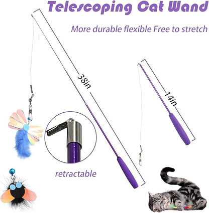 Cat Toy 8 Pcs Feather Teaser Wand Toy Cat Fishing Pole Toy Cat Toys for Indoor Cats Cats Including Cat Balls Spring Hair Balls - PAWPICO