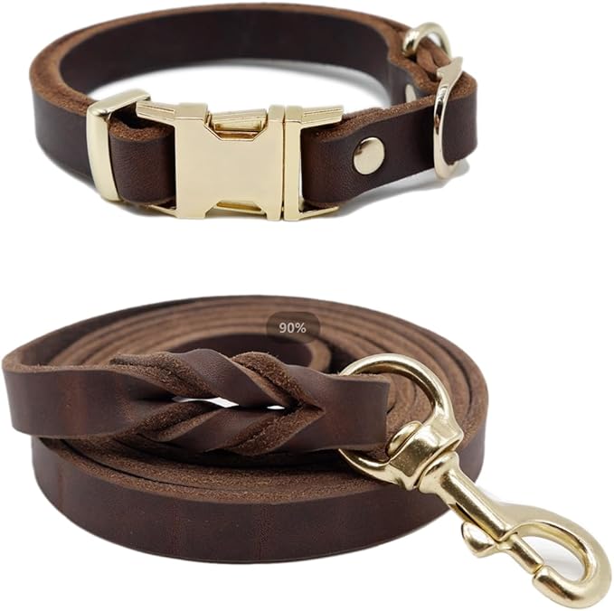 Leather Dog Leash 5ft for Small Dogs,Braided Leather Leash and Dog Collar Set,Strong Dog Training Leash,Soft Comfortable Dog Training Leather Leash and Dog Walking Leash for Small Dogs Brown KILISTEELS
