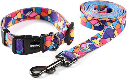Ihoming Dog Collar and Leash Set for Daily Outdoor Walking Running Training, Geometric Design for Medium Boys Girls Dogs Cats Pets, M-Up to 45LBS Ihoming