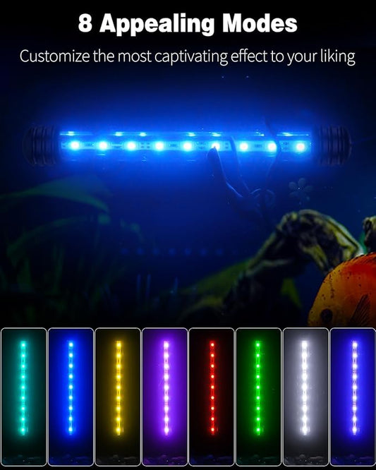 Pawfly 1.8 W Aquarium LED Light 7.5 Inch Underwater Fish Tank Light with Timer Auto On/Off Fish Tank Background Light with 8 Lighting Modes Submersible Multi-Colored Tube Light for Decoration Pawfly