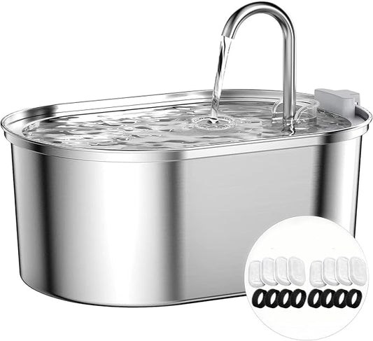 Stainless Steel Cat Water Fountain: 108oz/3,2L Pet Water Fountain with 8 Carbon Filter + 8 Sponge - Cat Fountains for Drinking Dishwasher Safe Design - SOOFPET - PAWPICO