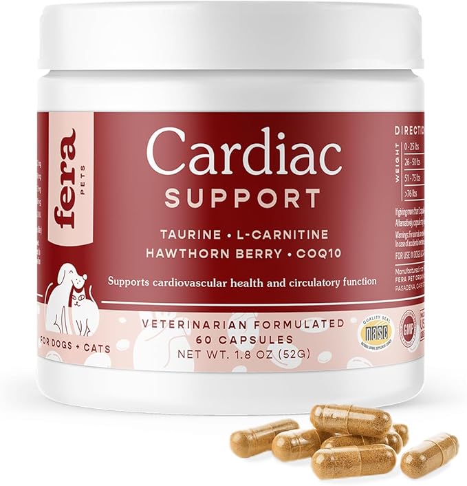Fera Pets Cardiac Supplement for Dogs & Cats – 60 Capsules – Vet Created -Cardiovascular Function & Strength-Taurine, CoQ10, Organic Hawthorne Berry FeraPets