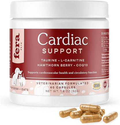 Fera Pets Cardiac Supplement for Dogs & Cats – 60 Capsules – Vet Created -Cardiovascular Function & Strength-Taurine, CoQ10, Organic Hawthorne Berry FeraPets