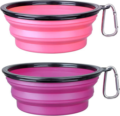 Dog Bowl Pet Collapsible Bowls, 2 Pack Collapsible Dog Water Bowls for Cats Dogs, Portable Pet Feeding Watering Dish for Walking Parking Traveling with 2 Carabiners (Large, Pink+Purple) - PAWPICO