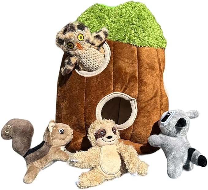 Animals in Tree Hide and Seek Dog Toy for Small and Medium Size Dogs, Plush Animials Inside Trunk Dog Toy with Squeaker, Interactive Burrow Dog Toy. (Medium Tree with Raccoon, Squirrel, Sloth and Owl) - PAWPICO