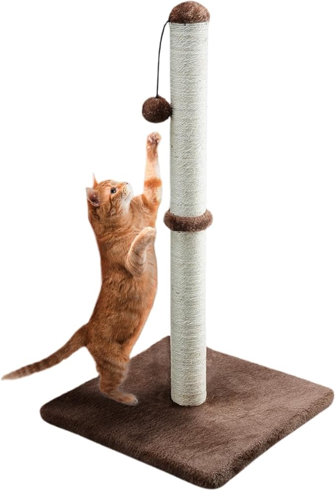 Dimaka 34" Tall Cat Scratching Post for Large Cats and Kittens, High Vertical Scratcher with Premium Natural Sisal Rope and Interactive Hanging Ball for Indoor Cats (Dark Brown, 34 inches) - PAWPICO
