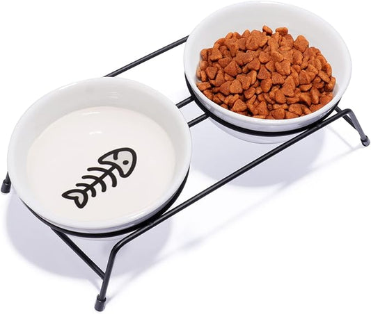 Cat Bowls, Upgraded 13 oz Ceramic Elevated Cat Food Bowls for Food and Water, Raised 2 Cat Dishes with Stainless Steel Stand Non-Slip and Anti-Rust, for Indoor Cats and Small Dog Bowl, Dishwasher Safe - PAWPICO