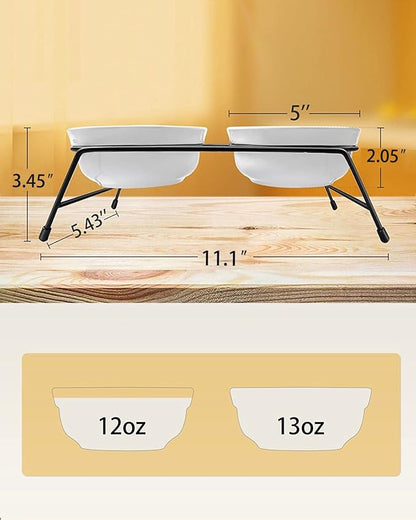 Cat Bowls, Upgraded 13 oz Ceramic Elevated Cat Food Bowls for Food and Water, Raised 2 Cat Dishes with Stainless Steel Stand Non-Slip and Anti-Rust, for Indoor Cats and Small Dog Bowl, Dishwasher Safe - PAWPICO