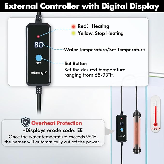 Orlushy 25W Submersible Mini Fish Tank Heater, Adjustable Aquarium Heater with Digital Display External Controller, Overheat Protection and Free Thermometer for 1-5 Gallon Freshwater & Saltwater Tank Orlushy