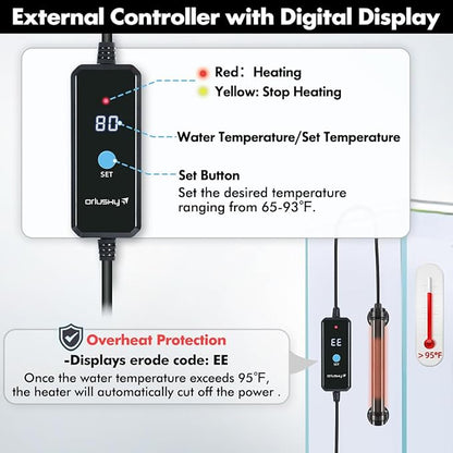 Orlushy 25W Submersible Mini Fish Tank Heater, Adjustable Aquarium Heater with Digital Display External Controller, Overheat Protection and Free Thermometer for 1-5 Gallon Freshwater & Saltwater Tank Orlushy