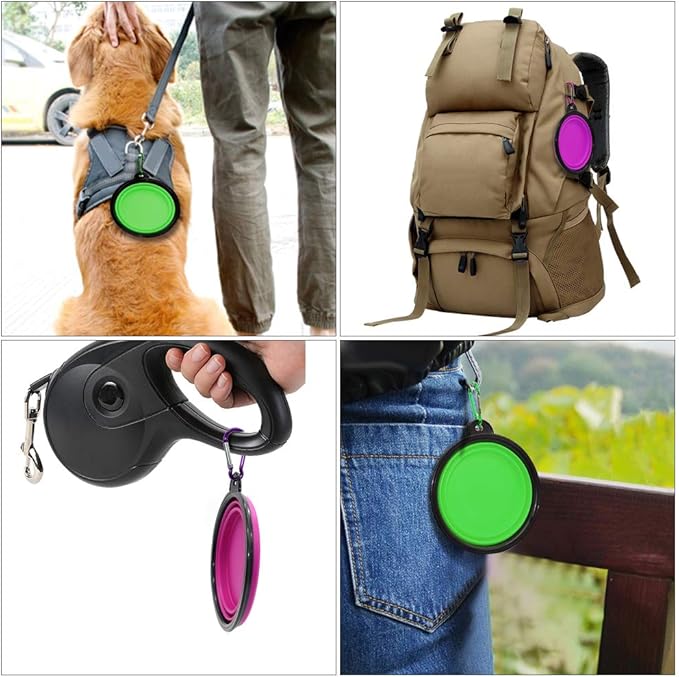 Dog Bowl Pet Collapsible Bowls, 2 Pack Collapsible Dog Water Bowls for Cats Dogs, Portable Pet Feeding Watering Dish for Walking Parking Traveling with 2 Carabiners (Small, Green+Purple) - PAWPICO