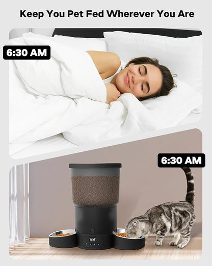 SURDY Automatic Cat Feeder for 2 Cats, 3L Cat Food Dispenser Auto Cat Feeder with 2 Stainless Bowls, 10s Meal Call Dual Power Supply and Timer Setting 12 Portions 6 Meals Per Day for Cats (Black, 5L) - PAWPICO