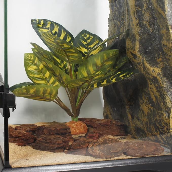 Reptile Terrarium Decor Plants, Bearded Dragon Tank Accessories fit Crested Gecko Leopard Lizard Chameleon Ball Python Snake Frog - Yellow Fake Prayer Peacock Plants WOLEDOE