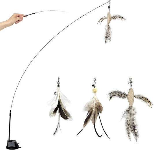Cat Wand Toys with Suction Cup, Interactive Bird Simulation Cat Toy Set,Cat Teaser Cat Toys,Flexible Steel Wire and 3Pcs Replacement Feather Refills with Bells. - PAWPICO