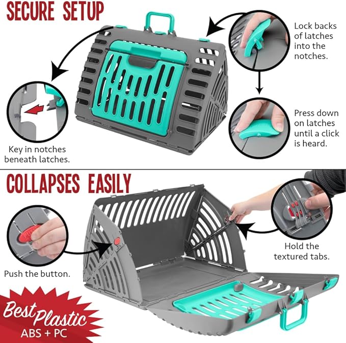 Sport Pet Designs Foldable Travel Cat Carrier - Front Door Plastic Collapsible Carrier Collection, Waterproof Bed - PAWPICO