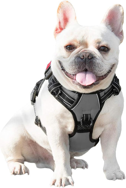 PHOEPET No Pull Dog Harness Medium Reflective Front Clip Vest with Handle,Adjustable 2 Metal Rings 3 Buckles,[Easy to Put on & Take Off](M, Grey) PHOEPET