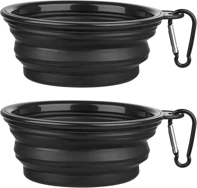 Dog Bowl Pet Collapsible Bowls, 2 Pack Collapsible Dog Water Bowls for Cats Dogs, Portable Pet Feeding Watering Dish for Walking Parking Traveling with 2 Carabiners (Small, Black+Black) - PAWPICO