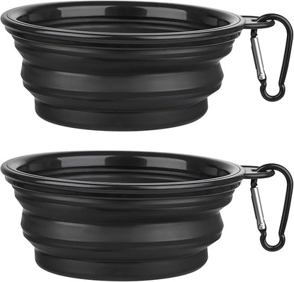Dog Bowl Pet Collapsible Bowls, 2 Pack Collapsible Dog Water Bowls for Cats Dogs, Portable Pet Feeding Watering Dish for Walking Parking Traveling with 2 Carabiners (Small, Black+Black) - PAWPICO