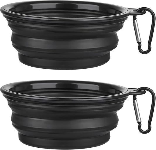 Dog Bowl Pet Collapsible Bowls, 2 Pack Collapsible Dog Water Bowls for Cats Dogs, Portable Pet Feeding Watering Dish for Walking Parking Traveling with 2 Carabiners (Small, Black+Black) - PAWPICO