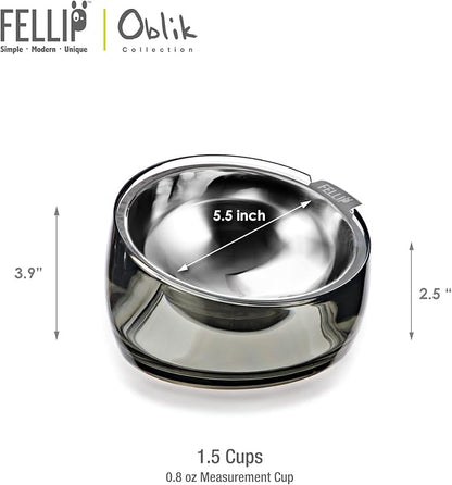 Felli Pet Oblik Spill Proof Dog Food Water Bowl Raised Acrylic Cone, Stainless Steel Tilted Oval Dish Pet Friendly, Slanted Metal Plate Feeder Elevated for Small Medium Size Dog (1.5Cup, Smoky) - PAWPICO