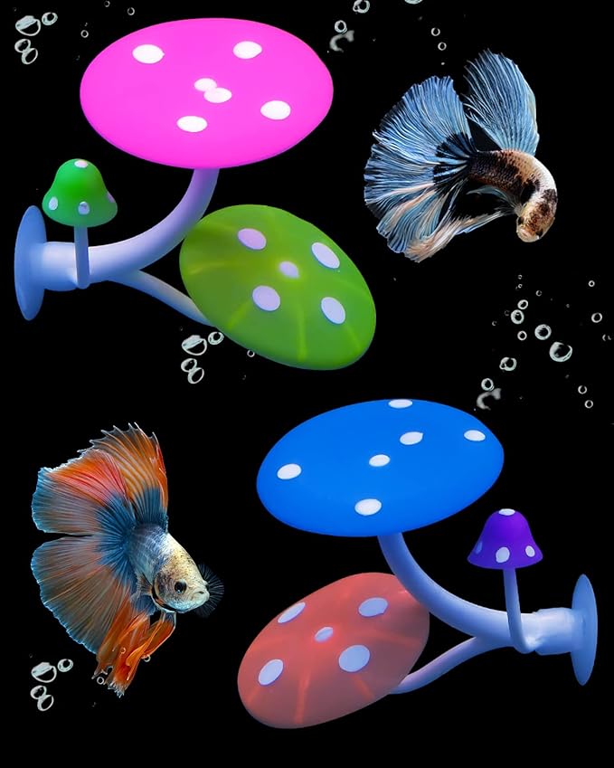 Uniclife Betta Mushroom Hammock Soft Aquarium Rest Bed Fish Breeding Playing Pad with Suction Cup Silicone Ornament Decoration Colorful Lifelike Decor for Fish Tank Landscape, 2 Pack UnicLife
