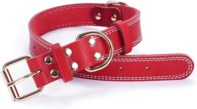 Dog Collar,Genuine Leather Dog Collar, Heavy Duty Dog Collar, Valentines Dog Collar for Small Dog, Medium Dog, Large Dog and Extra Large Dog (L: 1.2" Wide for 16.2"-22" Neck,Dual Stitch-Red) DAIHAQIKO