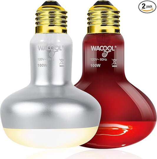 WACOOL 2Pack 100W Reptile Heat Lamp Day & Night Kit, Nature Simulated Basking Daylight & Nightlight Heat Lamp Bulbs for Reptiles & Amphibians, UVA Heat Lamp for Bearded Dragon Gecko Turtle Lizard WACOOLTERRA