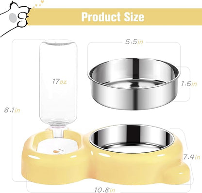 Dog Bowls, Cat Food and Water Bowl Set with Water Dispenser and Stainless Steel Bowl for Cats and Small Dogs - Yellow - PAWPICO