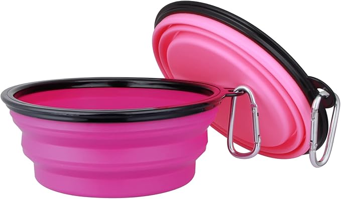 Dog Bowl Pet Collapsible Bowls, 2 Pack Collapsible Dog Water Bowls for Cats Dogs, Portable Pet Feeding Watering Dish for Walking Parking Traveling with 2 Carabiners (Large, Pink+Purple) - PAWPICO