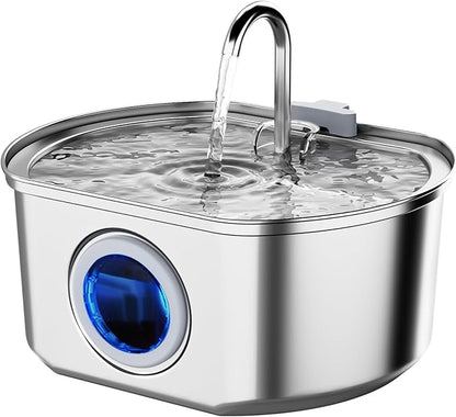 Cat Water Fountain Stainless Steel: 108oz/3.2L Cat Fountain for Drinking- Pet Water Fountain for Cats Inside - Automatic Cat Water Dispenser Bowl - Cat Feeding & Watering Supplies - Water Level Window - PAWPICO